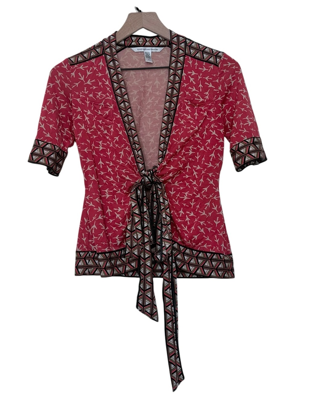 Diane von Furstenberg Size 4 Red Silk Wrap Airplane Geometric Tie Top Designer